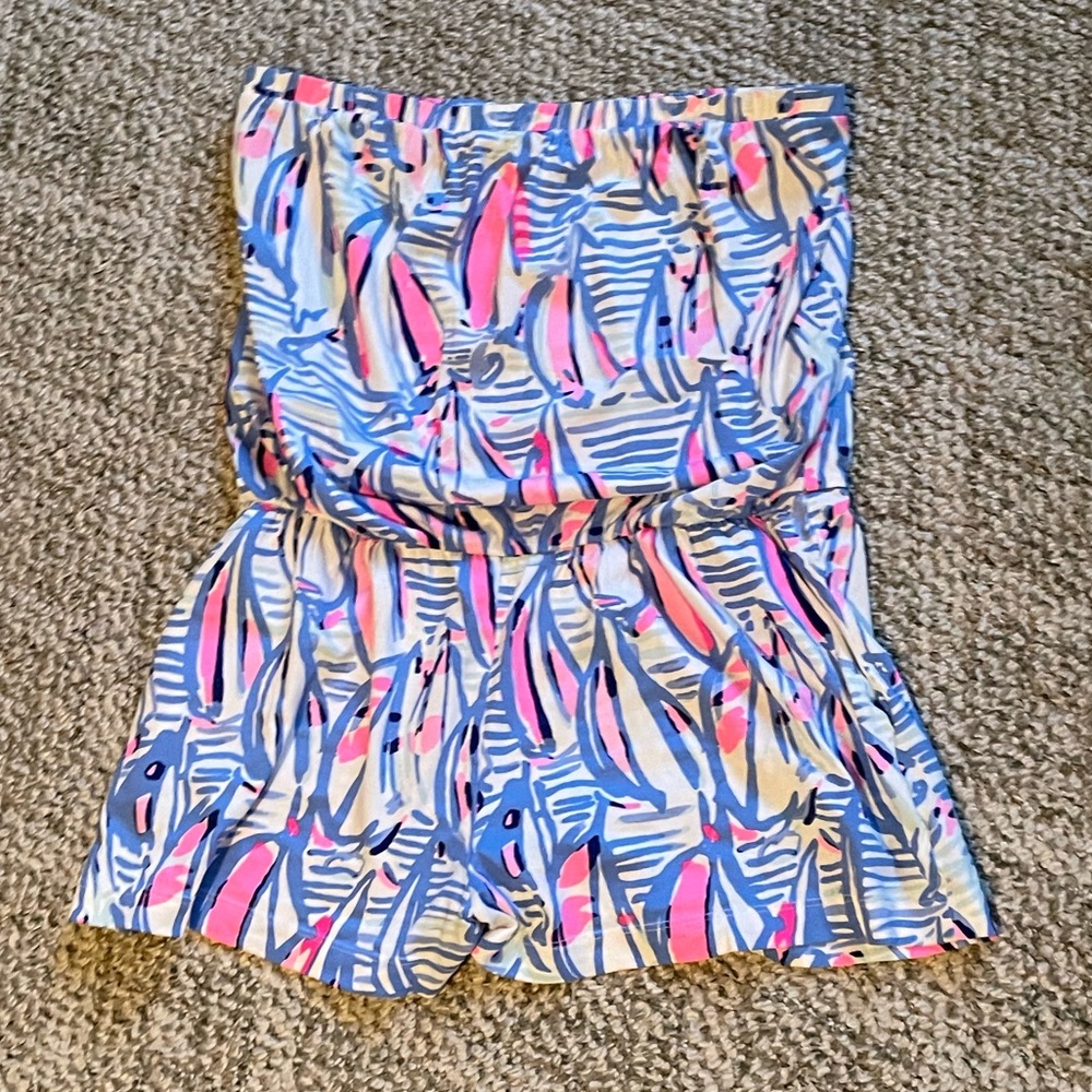 EUC Lilly Pulitzer sailboat print strapless cotton romper, size large